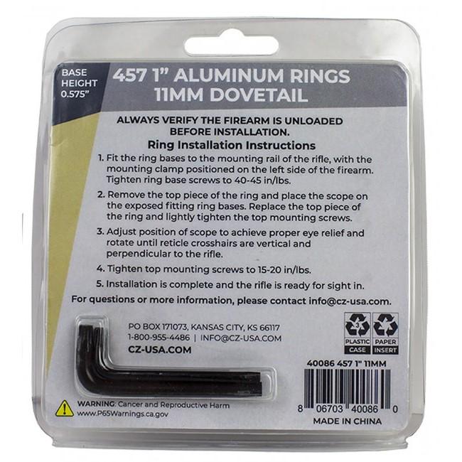 CZ Rings 457 455 1" 11mm Dovetail Aluminum Base Height 0.575" Picture of Cz-Usa Firearms CZ Rings 457 455 1IN 11mm Dovetail Aluminum Base Height 0.575IN