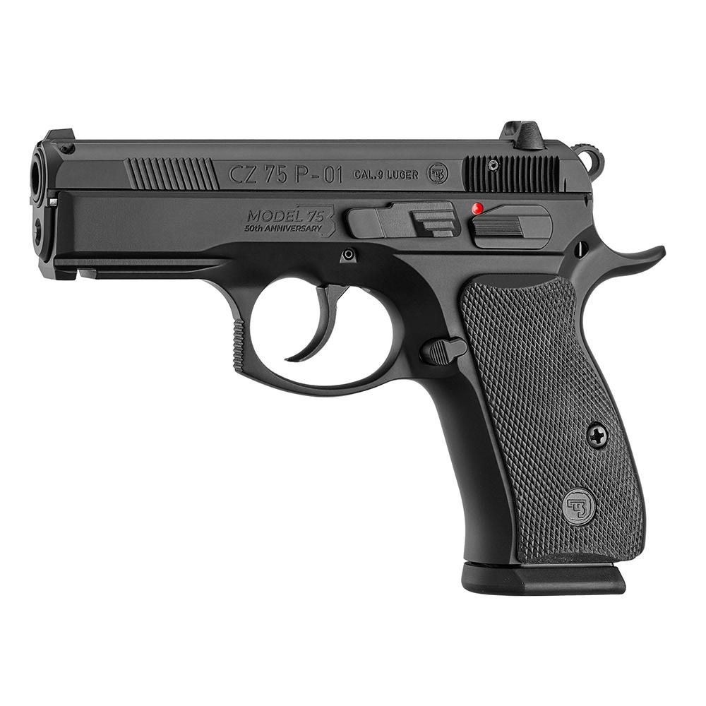 CZ USA 75 P-01 50th Anniversary Handgun 9mm Luger 15rd Magazines (2) 3.75" Barrel Black Picture of Cz-Usa Firearms CZ 75 P-01 50TH ELITE 9MM 15RD BLK ALUM FRAME FS DECOCKER BLK RBR GRIP