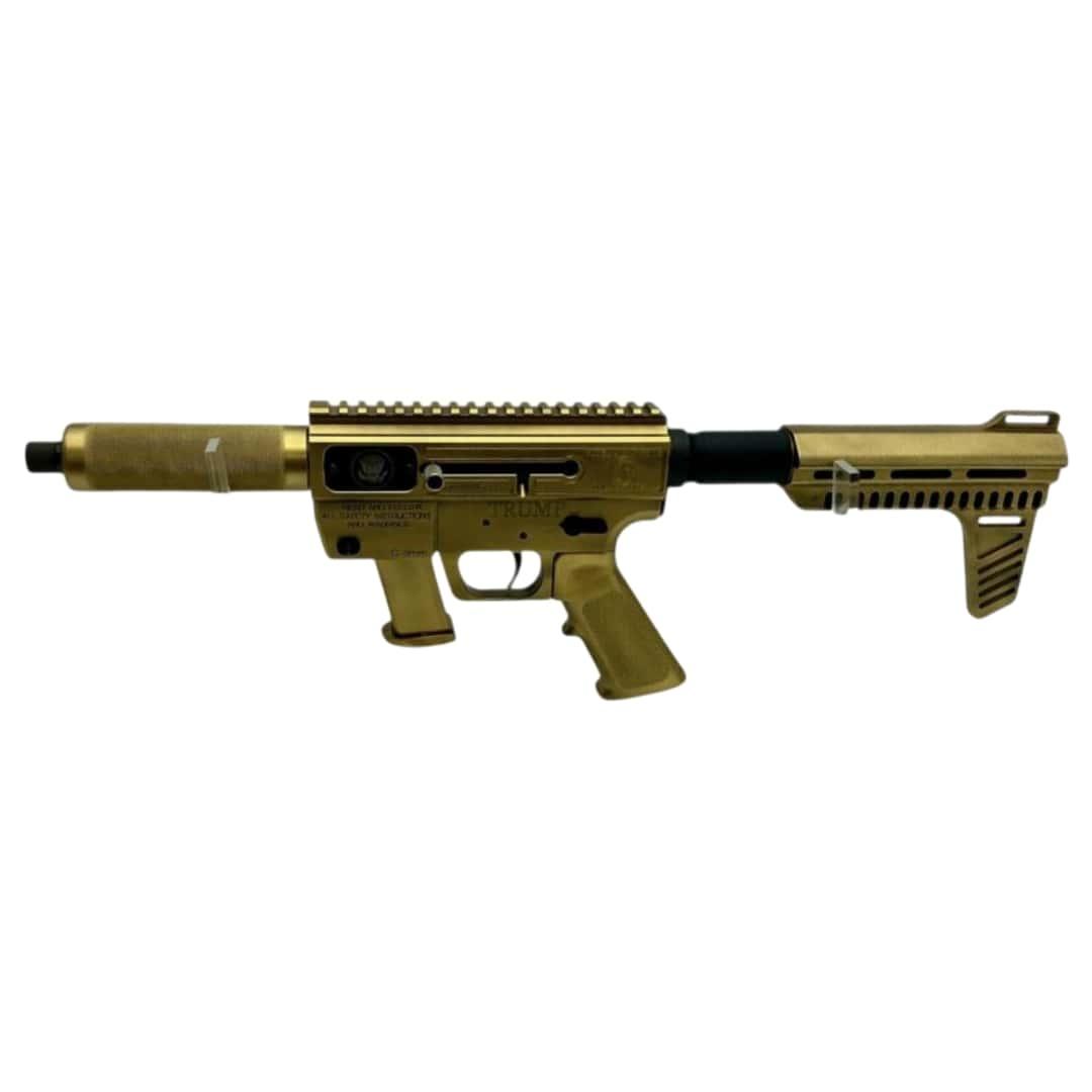 Just Right Carbine 45th/47th Trump Edition Pistol 9mm Luger 15rd Magazine(1) 6.5" Barrel Blade Brace Gold Cerakote Picture of Just Right Carbine JRC TRUMP 45/47 SPARK Pistol 9mm 6.5" Brl Glock Mag Gold Cerakote