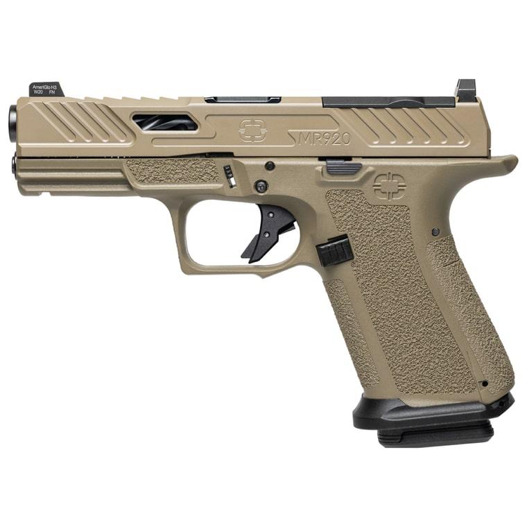 Shadow Systems CA Compliant MR920 Handgun 9mm Luger 10rd Magazine(2) 4" Spiral Black Barrel FDE Grip/Slide Picture of Shadow Systems dba Shadow Gunworks MR920 9mm FDE/FDE Spiral Unthreaded Barrel Blk 10Rd CA