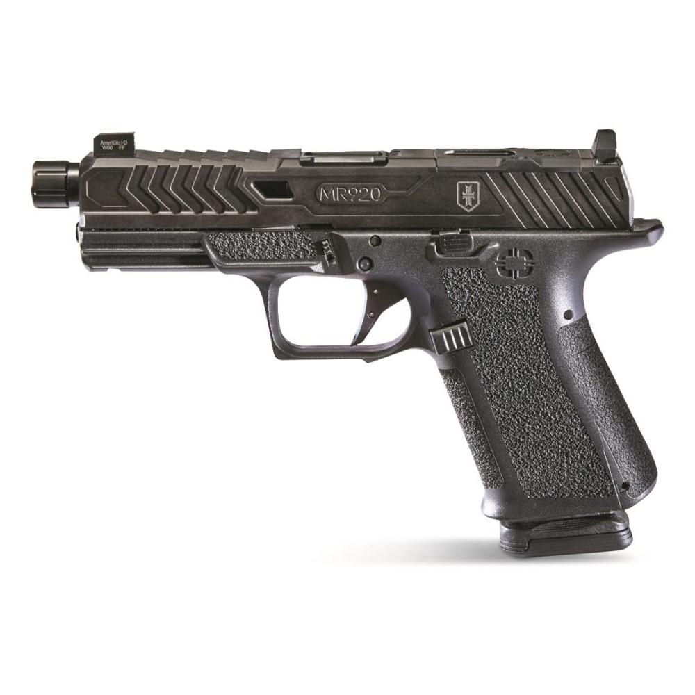 Shadow Systems MR920 War Poet Handgun 9mm Luger 15rd Magazines (2) 4.5" Threaded Barrel Black War Poet Slide Engraving with Night Sights Picture of Shadow Systems dba Shadow Gunworks MR920 9MM War Poet Fluted THR DLC Rod Grn Trit 1D