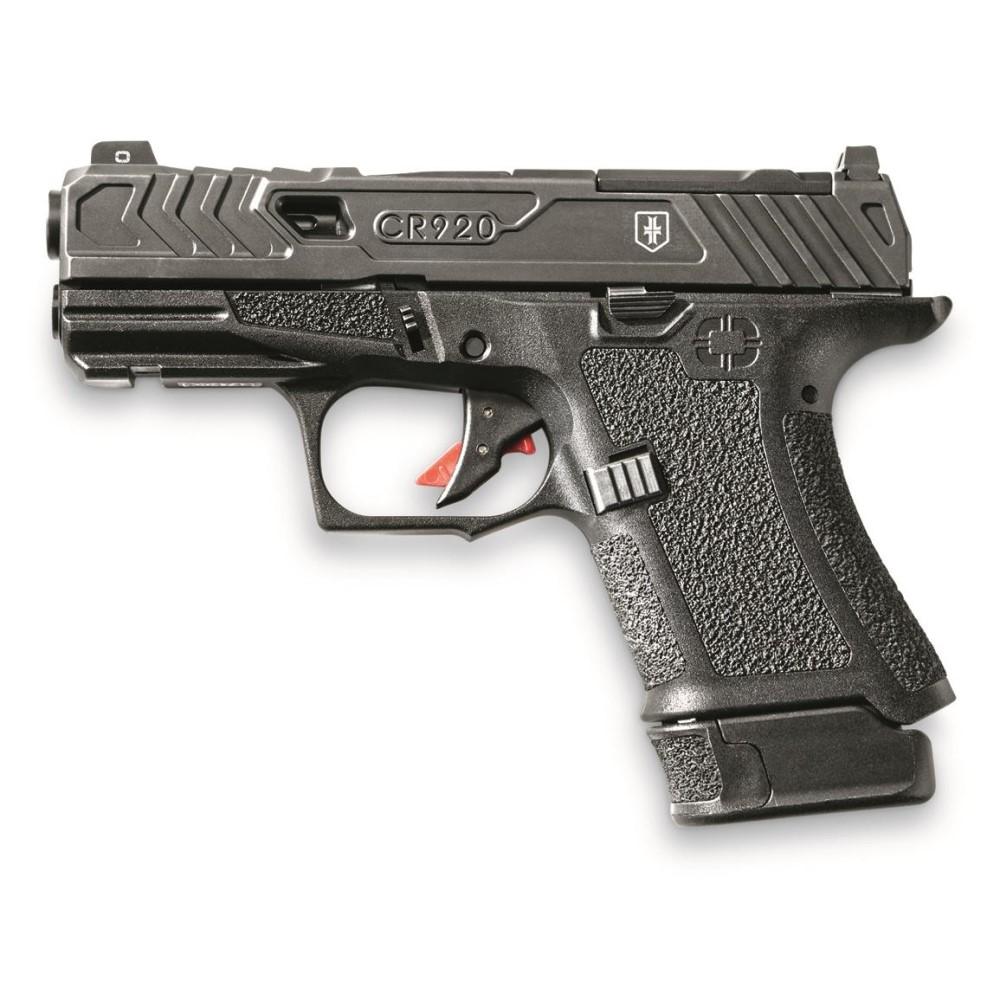 Shadow Systems CR920 War Poet Handgun 9mm Luger 10rd & 13rd Magazine 3.41 Barrel Black War Poet Slide Engraving with Night Sights Picture of Shadow Systems dba Shadow Gunworks CR920 9MM War Poet Fluted UnTHR BLK Rod Grn Trit 1D