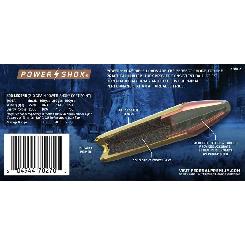 Federal Power-Shok Rifle Ammunition 400 Legend 210gr SP 2250 fps 20/ct Picture of Federal Cartridge Co. FEDERAL 400 LEGEND 210GR POWER-SHOK SP AMMO 20RD