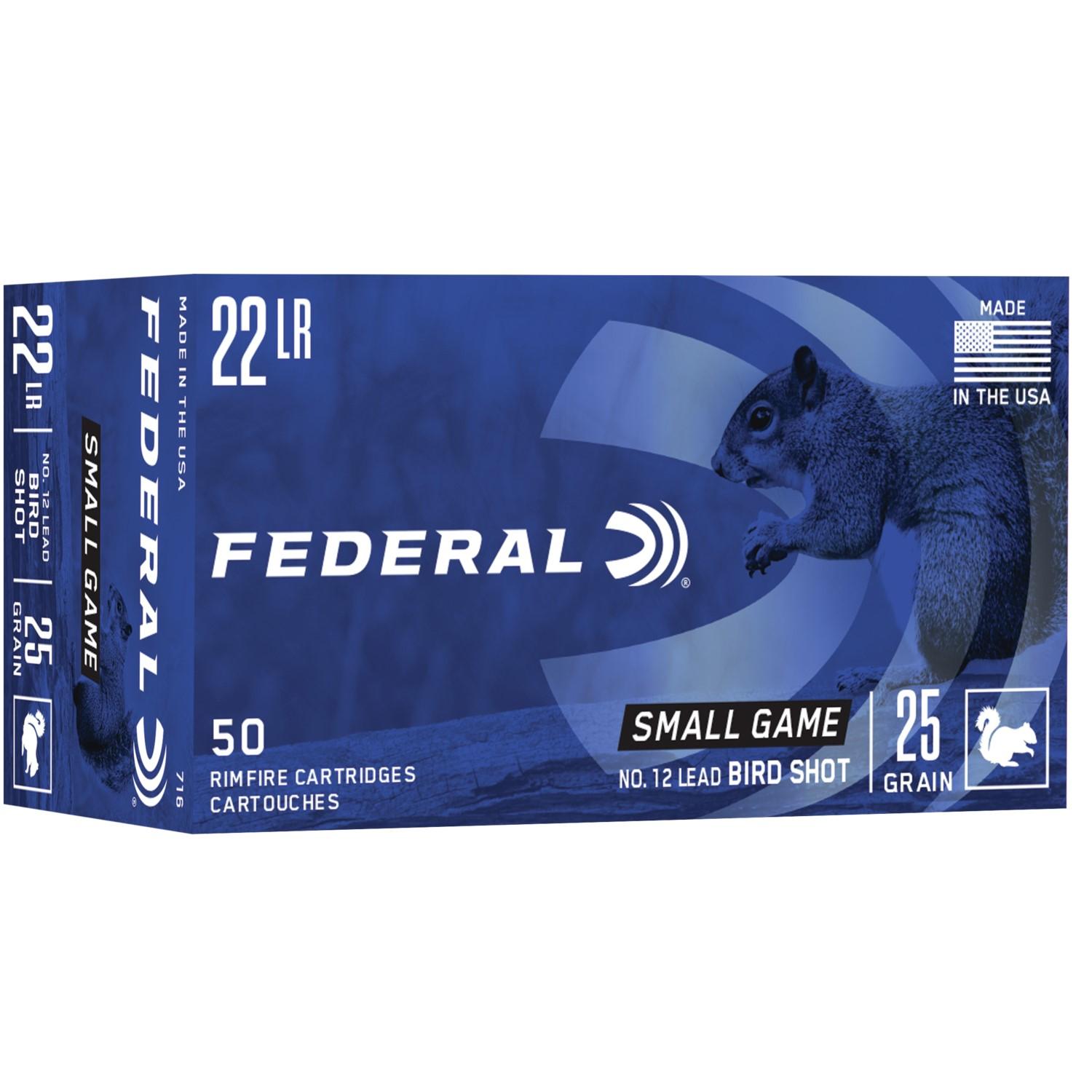 Federal Game-Shok Rimfire Ammunition .22 LR 25 gr #12 Bird Shot 50/ct Picture of Federal Cartridge Co. FEDERAL 22 LR NO. 10 LEAD BIRD SHOT GAME-SHOK AMMO 50RD