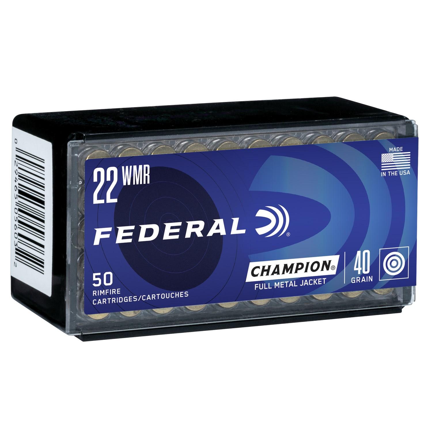 Federal Champion Rimfire Ammunition .22 WMR 40 gr FMJ 50/ct Picture of Federal Cartridge Co. FEDERAL 22 MAGNUM 40GR FMJ CHAMPION AMMO 50RD