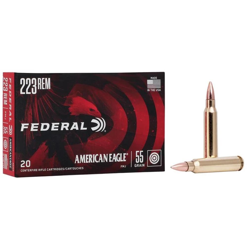 Federal Ammo American Eagle Rifle Ammunition .223 Rem 55 gr FMJ 3240 fps 500/rd Case Picture of Federal Cartridge Co. FEDERAL .223 REM 55GR FMJ BOAT-TAIL AMMO 500 ROUND CASE