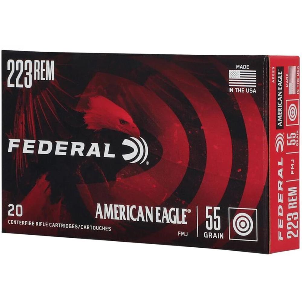 Federal Ammo American Eagle Rifle Ammunition .223 Rem 55 gr FMJ 3240 fps 500/rd Case Picture of Federal Cartridge Co. FEDERAL .223 REM 55GR FMJ BOAT-TAIL AMMO 500 ROUND CASE