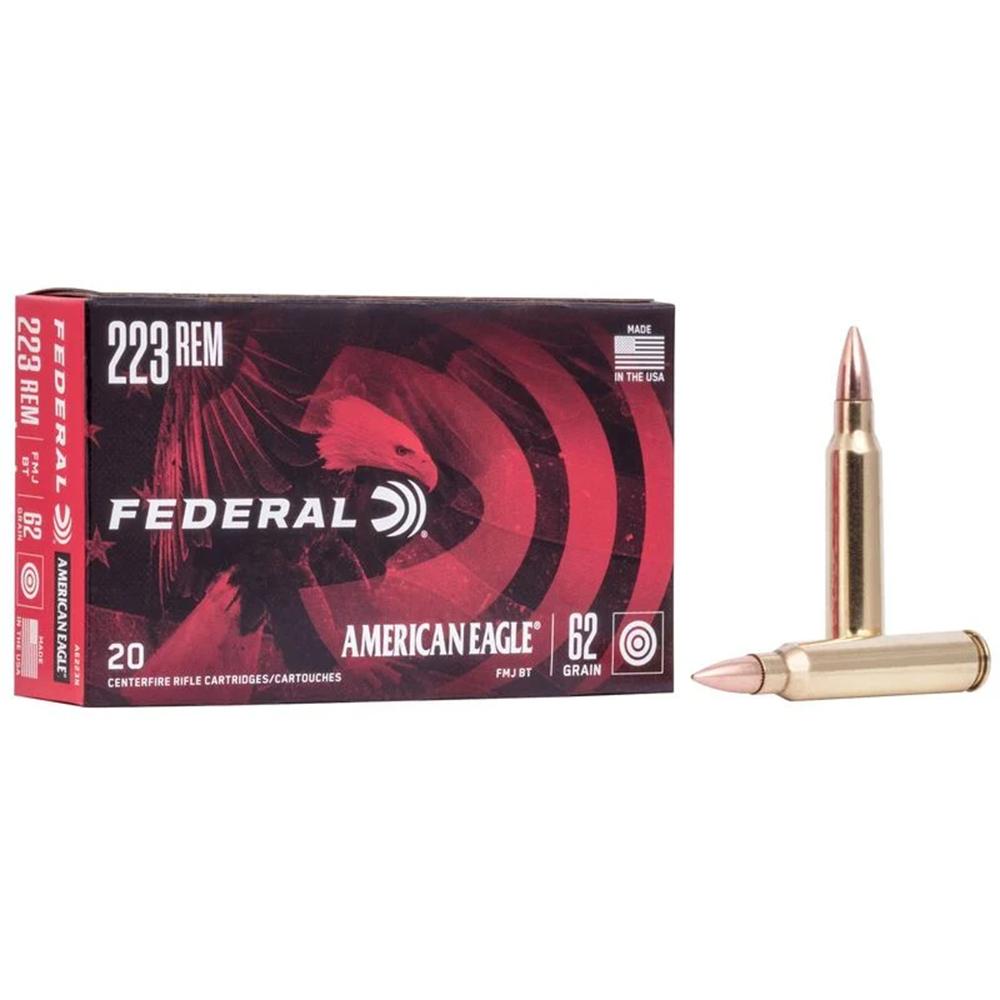 Federal American Eagle Rifle Ammunition .223 Rem 62 gr FMJ 3020 fps 500/ct Picture of Federal Cartridge Co. FED AMER EAGLE 223 FMJ 62GR 500 RDS