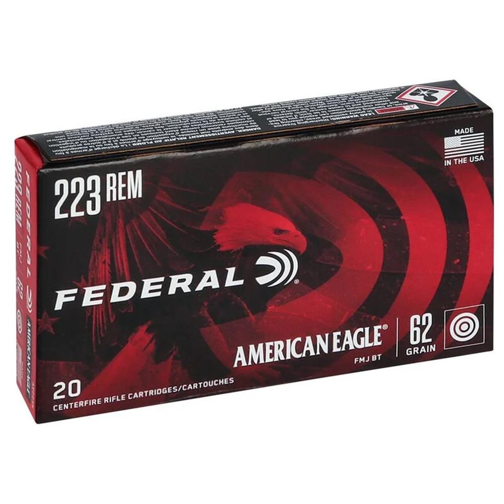 Federal American Eagle Rifle Ammunition .223 Rem 62 gr FMJ 3020 fps 500/ct Picture of Federal Cartridge Co. FED AMER EAGLE 223 FMJ 62GR 500 RDS
