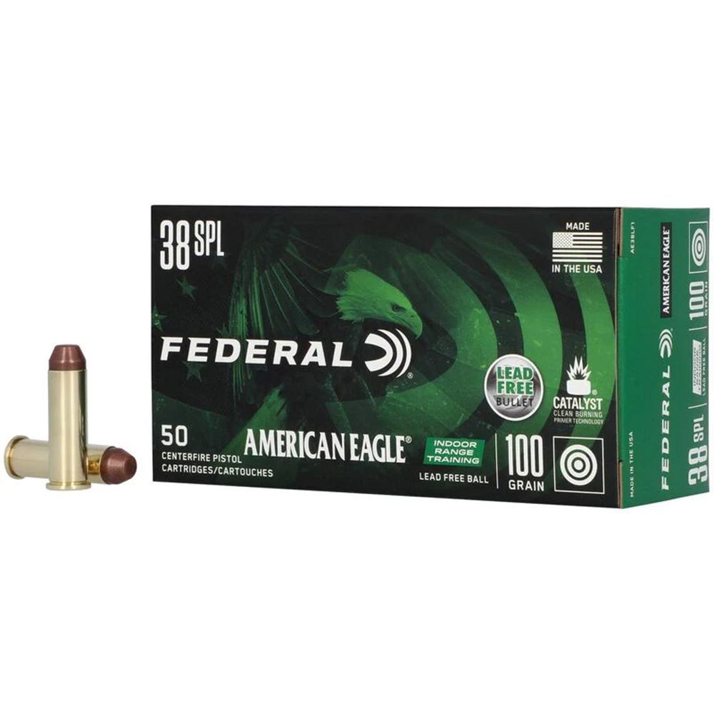 Federal American Eagle IRT Lead Free Handgun Ammunition .38 Spl 100gr FMJ 960 fps 50/ct Picture of Federal Cartridge Co. FEDERAL 38 SPECIAL 100GR LEAD FREE BALL AMMO 50RD