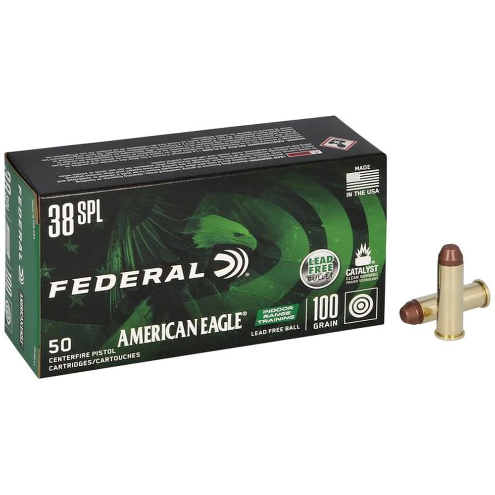Federal American Eagle IRT Lead Free Handgun Ammunition .38 Spl 100gr FMJ 960 fps 50/ct Picture of Federal Cartridge Co. FEDERAL 38 SPECIAL 100GR LEAD FREE BALL AMMO 50RD