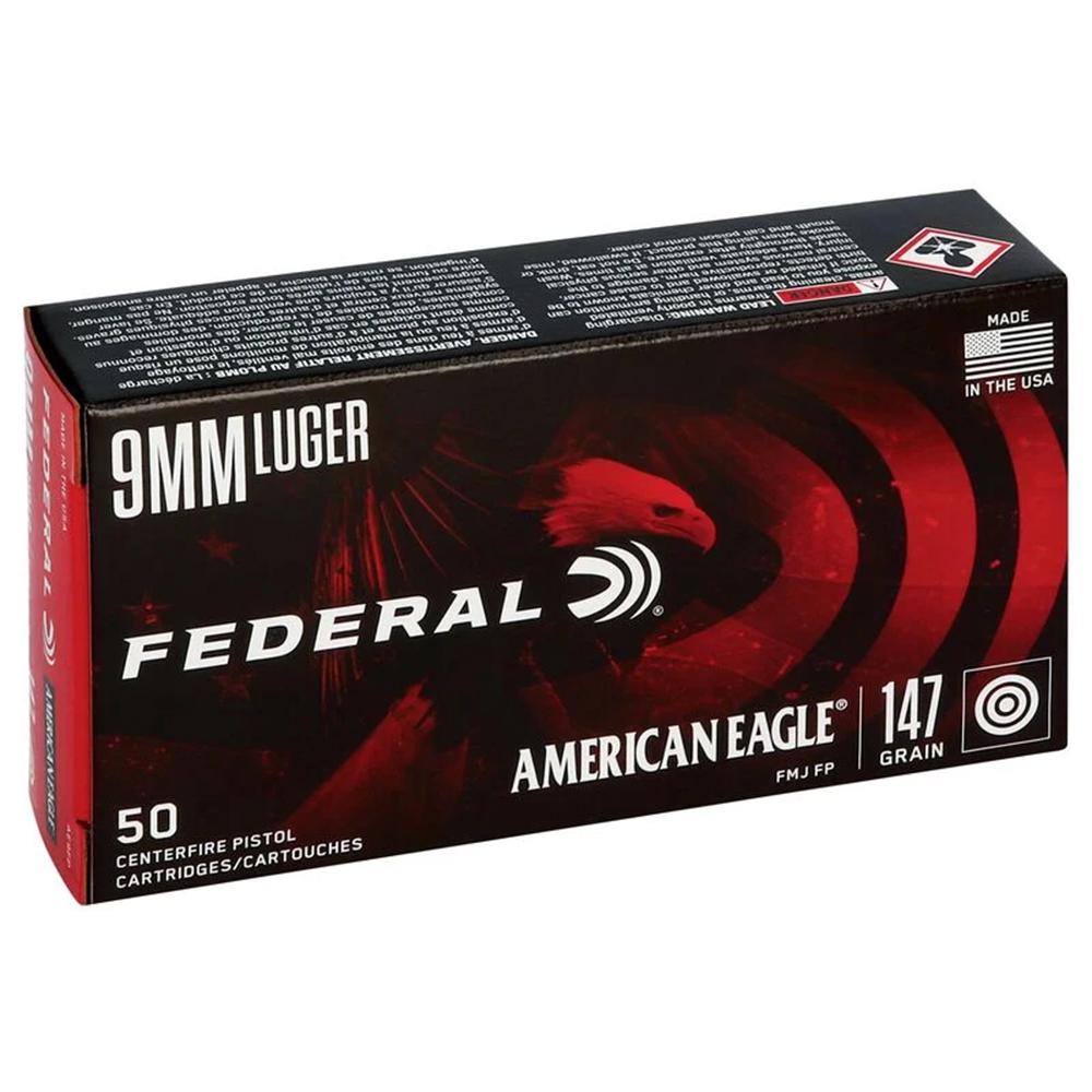 American Eagle Handgun Ammunition 9mm Luger 147 gr FMJ 1000 fps 50/ct Picture of Federal Cartridge Co. FEDERAL 9MM LUGER 147GR FULL METAL JACKET FLAT POINT AMMO 50RD