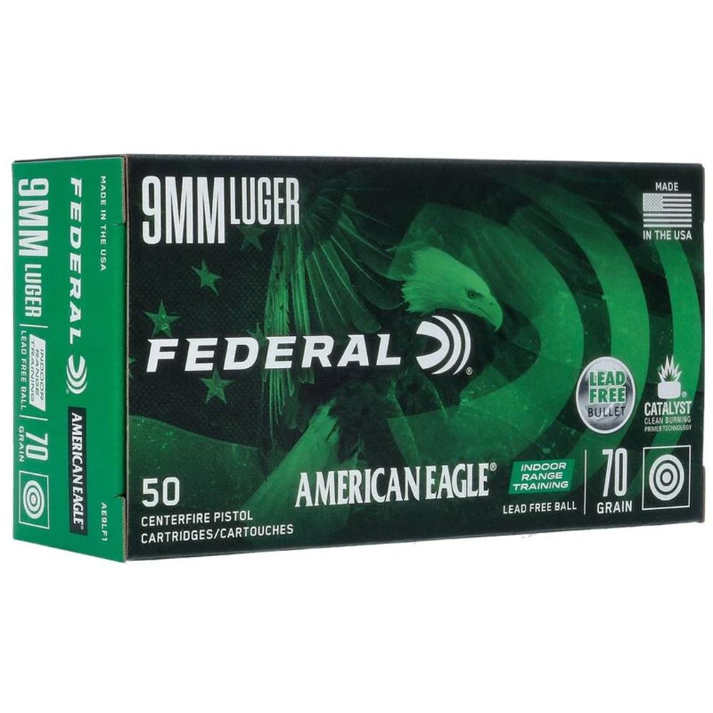 Federal American Eagle IRT Lead Free Handgun Ammunition 9mm Luger 70gr FMJ 1625 fps 50/ct Picture of Federal Cartridge Co. FEDERAL 9MM LUGER 70GR LEAD FREE BALL AMMO 50RD