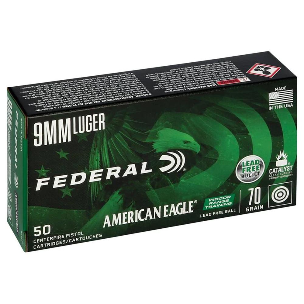 Federal American Eagle IRT Lead Free Handgun Ammunition 9mm Luger 70gr FMJ 1625 fps 50/ct Picture of Federal Cartridge Co. FEDERAL 9MM LUGER 70GR LEAD FREE BALL AMMO 50RD