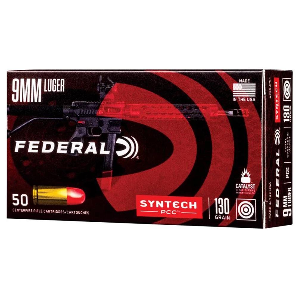 Federal Syntech PCC Ammunition 9mm Luger 130 gr TSJ 1140 fps 50/ct Picture of Federal Cartridge Co. FEDERAL 9MM LUGER 130GR PISTOL CAL CARBINE TSJ AMMO 50RD