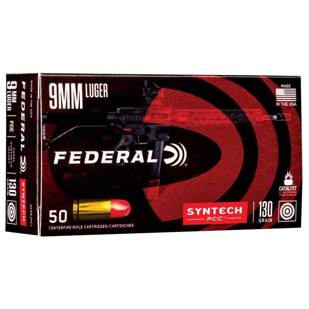 Federal Syntech PCC Ammunition 9mm Luger 130 gr TSJ 1140 fps 50/ct Picture of Federal Cartridge Co. FEDERAL 9MM LUGER 130GR PISTOL CAL CARBINE TSJ AMMO 50RD