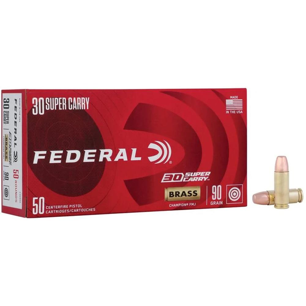 Federal Champion Training Handgun Ammunition 30 Super Carry 90gr FMJ 1300 fps 50/ct Picture of Federal Cartridge Co. FEDERAL 30 SUPER CARRY 90GR FMJ CHAMPION AMMO 50RD