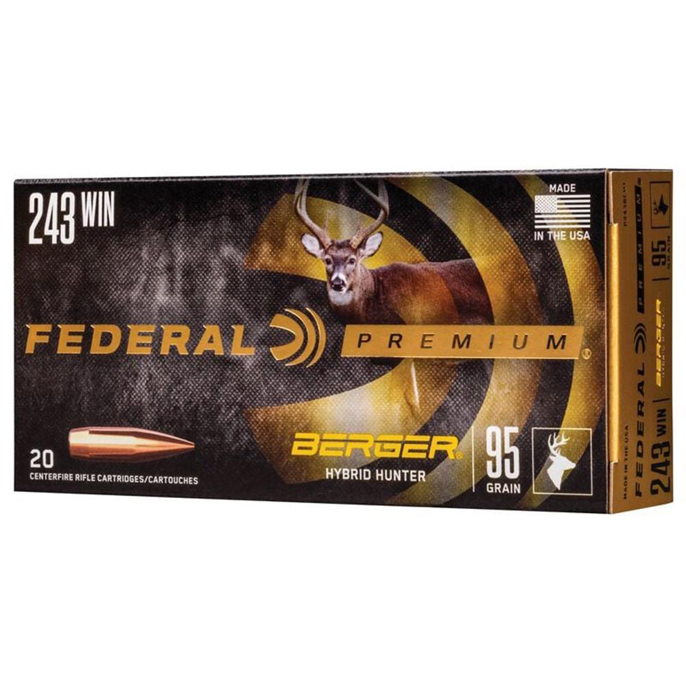Federal Classic Hunter Berger Hybrid Rifle Ammunition .243 Win 95 gr BTHP 3050 fps 20/ct Picture of Federal Cartridge Co. FEDERAL 243 WIN 95GR BERGER HYBRID HUNTER AMMO 20RD