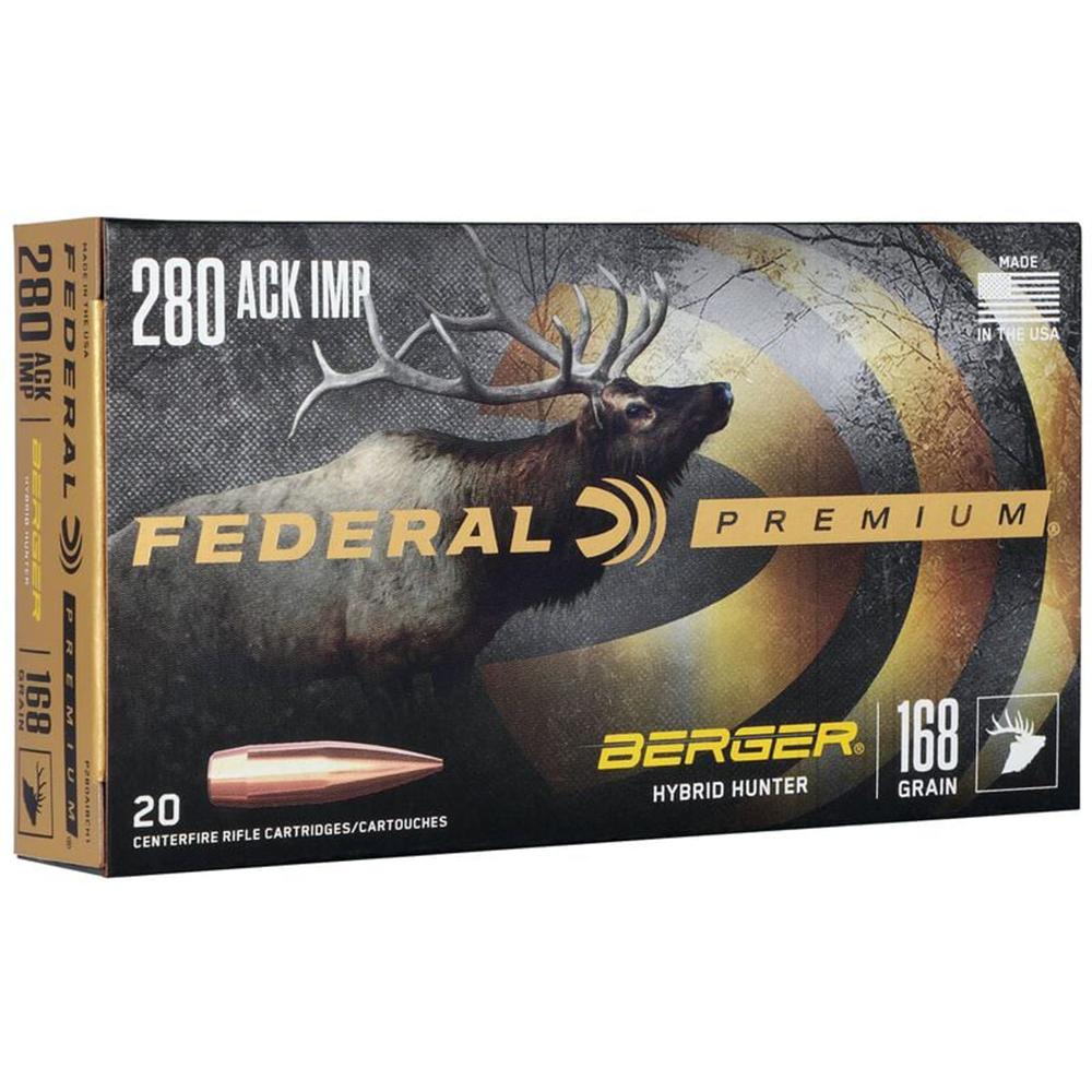 Federal Classic Hunter Berger Hybrid Rifle Ammunition.280 Ackley Improved 168 gr BTHP 2800 fps 20/ct Picture of Federal Cartridge Co. FEDERAL 280 ACKLEY IMPROVED 168GR BERGER HYBRID HUNTER AMMO 20RD