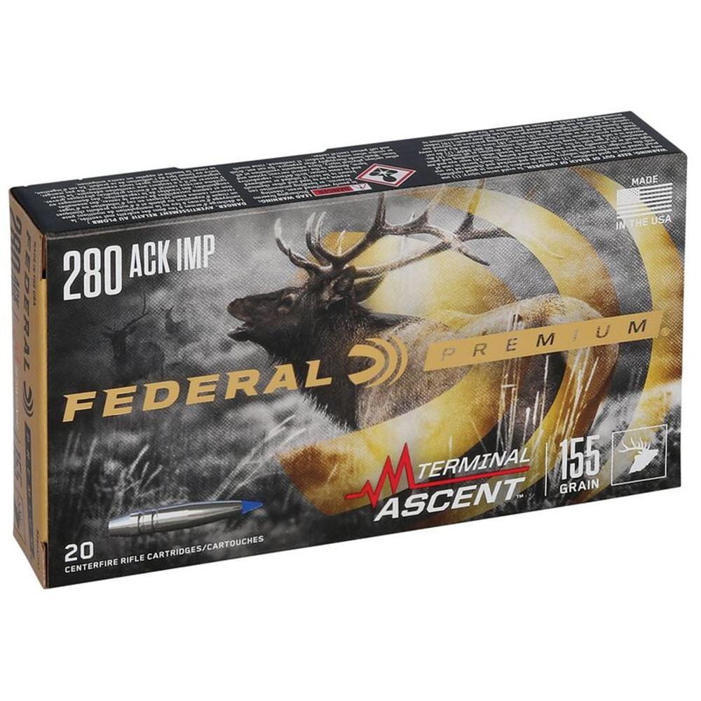 Federal Terminal Ascent Rifle Ammunition .280 Ackley Imp 155 gr 2930 fps 20/ct Picture of Federal Cartridge Co. FEDERAL 280 ACKLEY IMPROVED 155GR TERMINAL ASCENT AMMO 20RD