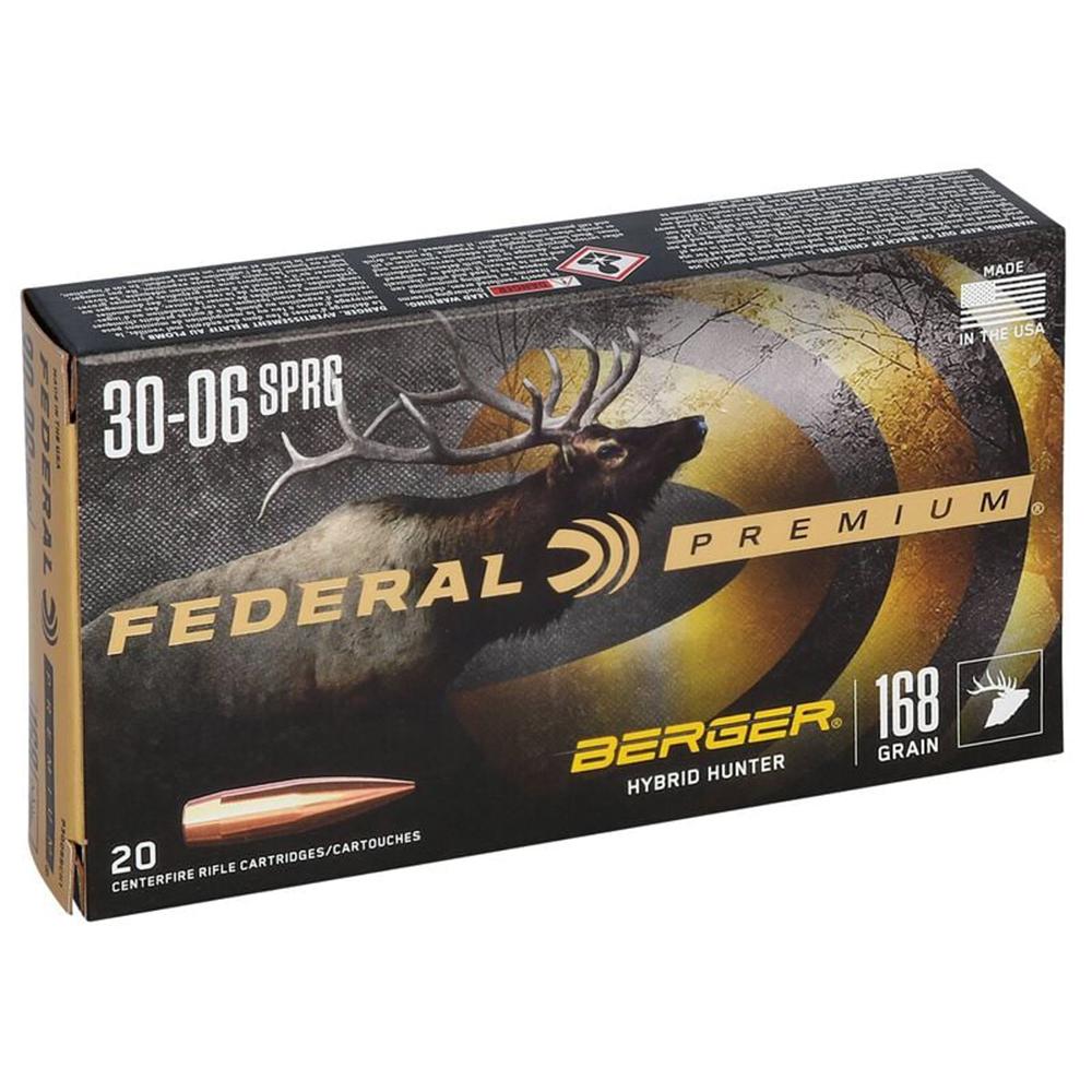 Federal Classic Hunter Berger Hybrid Rifle Ammunition .30-06 Sprg 168 gr BTHP 2800 fps 20/ct Picture of Federal Cartridge Co. FEDERAL 30-06 SPRINGFIELD 168GR BERGER HYBRID HUNTER AMMO 20RD