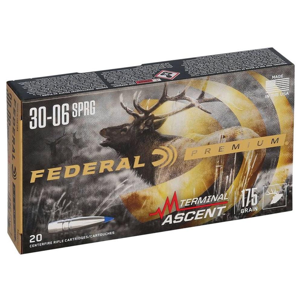 Federal Terminal Ascent Rifle Ammunition .30-06 Sprg 175 gr 2730 fps 20/ct Picture of Federal Cartridge Co. FEDERAL 30-06 SPRINGFIELD 175GR TERMINAL ASCENT AMMO 20RD
