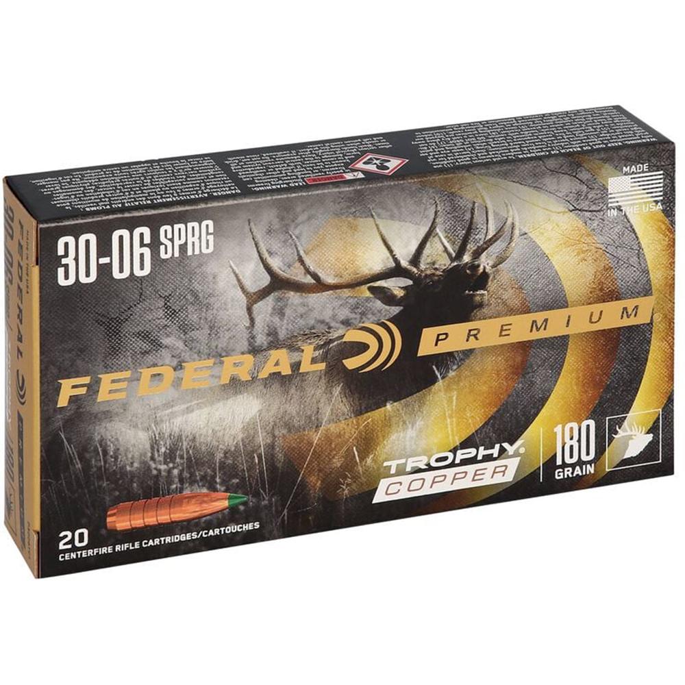 Federal Premium Trophy Copper Rifle Ammunition .30-06 Sprg 180 gr TC 2700 fps 20/ct Picture of Federal Cartridge Co. FEDERAL 30-06 SPRINGFIELD 180GR TROPHY COPPER AMMO 20RD