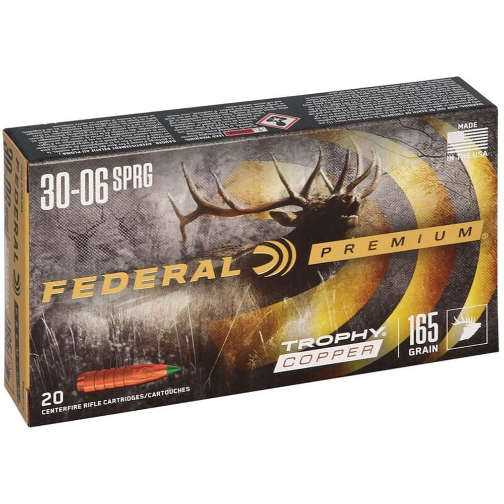 Federal Premium Trophy Copper Rifle Ammunition .30-06 Sprg 165 gr TC 2800 fps 20/ct Picture of Federal Cartridge Co. FEDERAL 30-06 SPRINGFIELD 165GR TROPHY COPPER AMMO 20RD