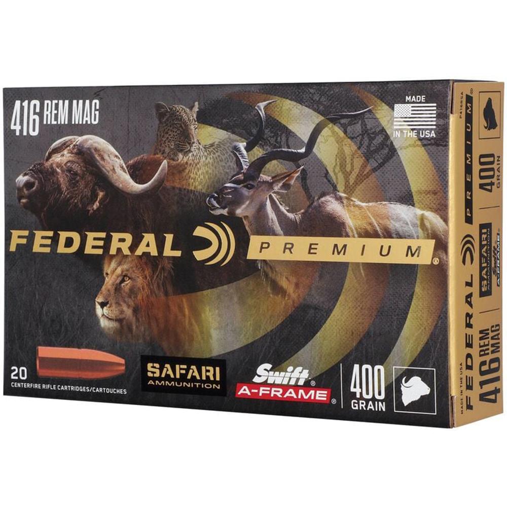 Federal Premium Cape-Shok Rifle Ammunition .416 Rem Mag 400 gr SAF 2350 fps - 20/ct Picture of Federal Cartridge Co. FEDERAL 416 REM. MAGNUM 400GR SWIFT A-FRAME AMMO 20RD