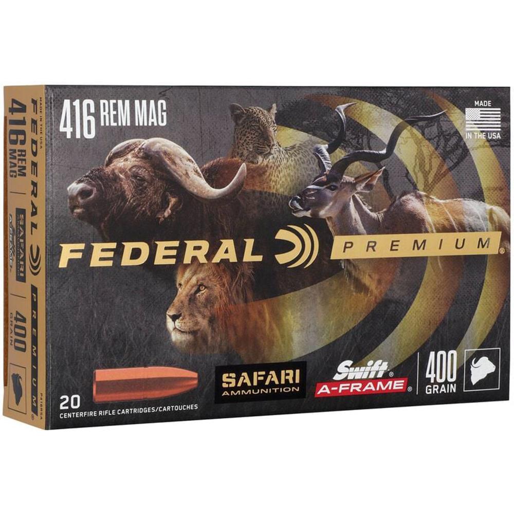 Federal Premium Cape-Shok Rifle Ammunition .416 Rem Mag 400 gr SAF 2350 fps - 20/ct Picture of Federal Cartridge Co. FEDERAL 416 REM. MAGNUM 400GR SWIFT A-FRAME AMMO 20RD