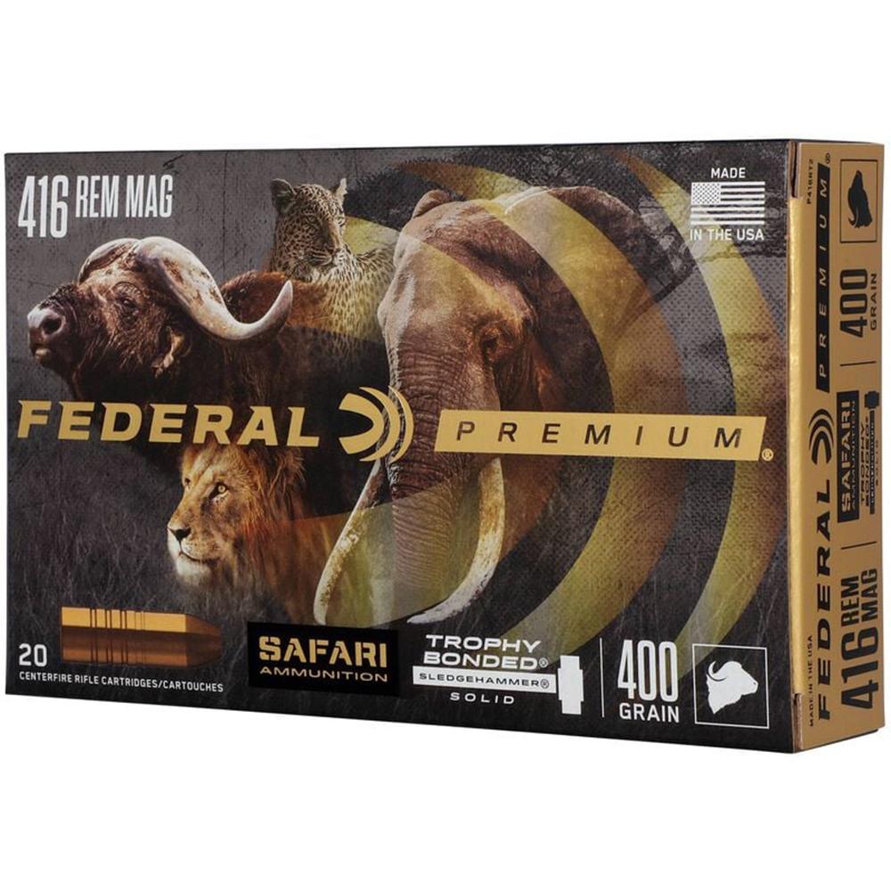 Federal Premium Cape-Shok Rifle Ammunition .416 Rem Mag 400 gr BSS 2400 fps - 20/ct Picture of Federal Cartridge Co. FEDERAL 416 REM. MAGNUM 400GR TROPHY SLEDGEHAMMER AMMO 20RD