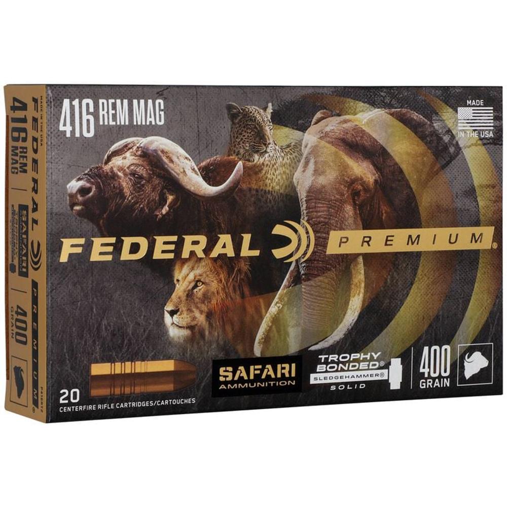 Federal Premium Cape-Shok Rifle Ammunition .416 Rem Mag 400 gr BSS 2400 fps - 20/ct Picture of Federal Cartridge Co. FEDERAL 416 REM. MAGNUM 400GR TROPHY SLEDGEHAMMER AMMO 20RD