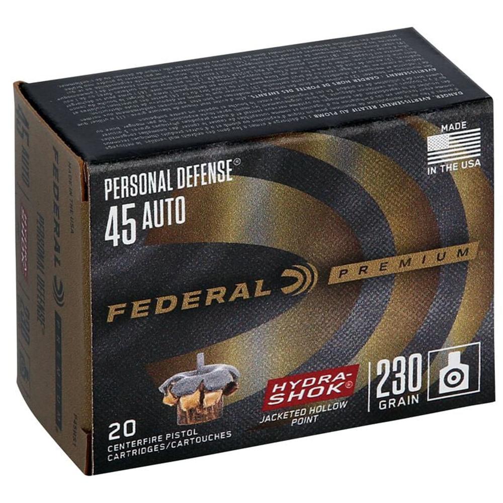 Federal Premuim Personal Defense Handgun Ammunition .45 ACP 230 gr JHP 900 fps 20/ct Picture of Federal Cartridge Co. FEDERAL 45 AUTO 230GR HYDRA-SHOK JHP PERSONAL DEFENSE AMMO 20RD