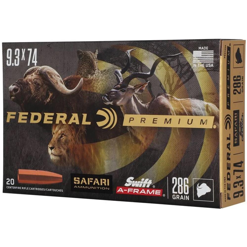 Federal Premium Cape-Shok Rifle Ammunition 9.3x74R 286 gr SAF 2360 fps 20/box 9.3x74R 286 gr SAF 2360 fps - 20/box Picture of Federal Cartridge Co. FEDERAL 9.3x74 R 286GR SWIFT A-FRAME AMMO 20RD