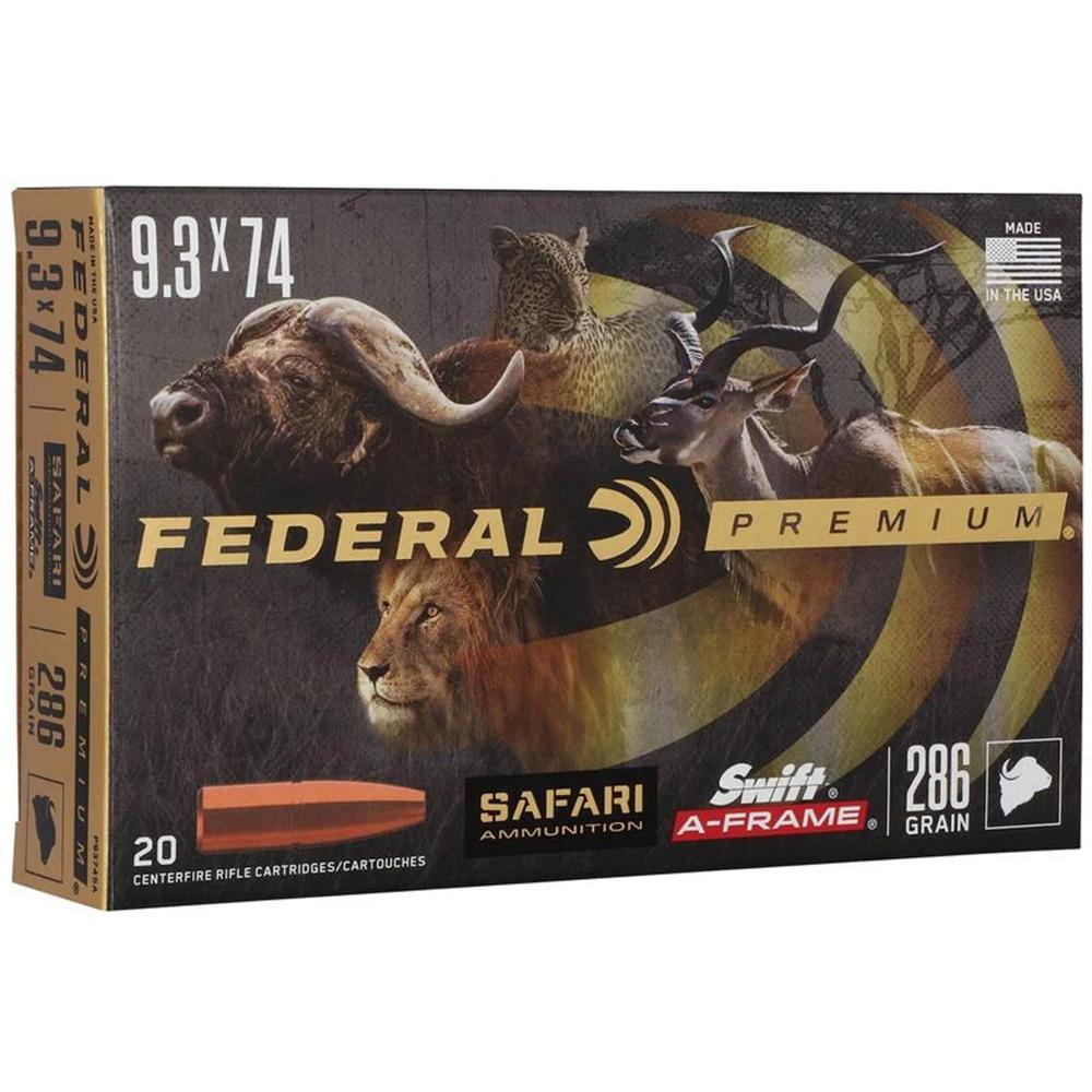 Federal Premium Cape-Shok Rifle Ammunition 9.3x74R 286 gr SAF 2360 fps 20/box 9.3x74R 286 gr SAF 2360 fps - 20/box Picture of Federal Cartridge Co. FEDERAL 9.3x74 R 286GR SWIFT A-FRAME AMMO 20RD