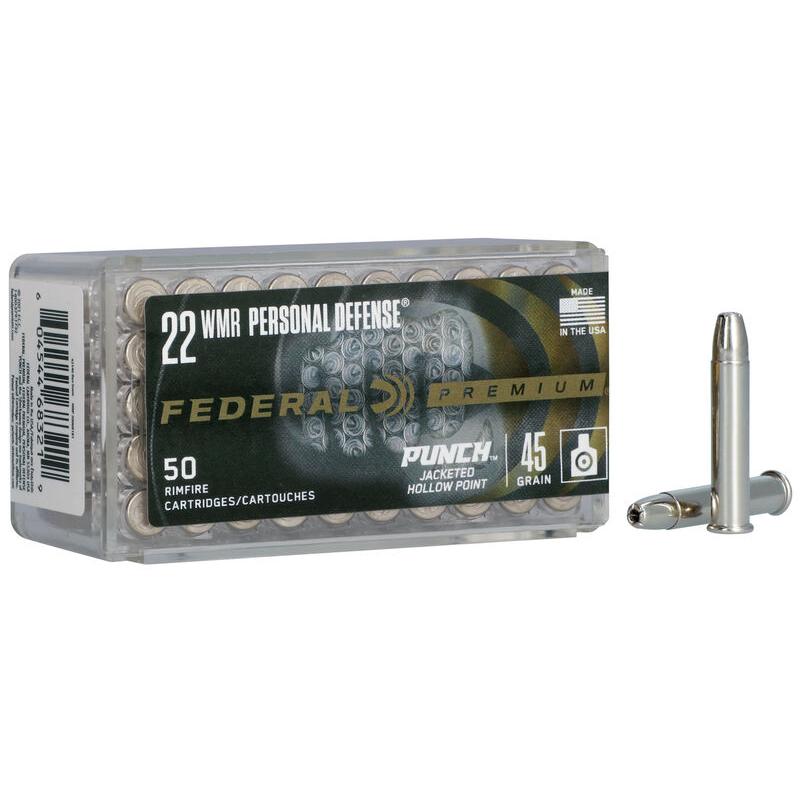Federal Punch Rimfire Ammunition .22 WMR 45gr JHP 1000 fps 50/ct Picture of Federal Cartridge Co. FEDERAL 22 MAGNUM 22 MAG PUNCH 45GR JHP "PERSONAL DEFENSE" AMMO 50RD