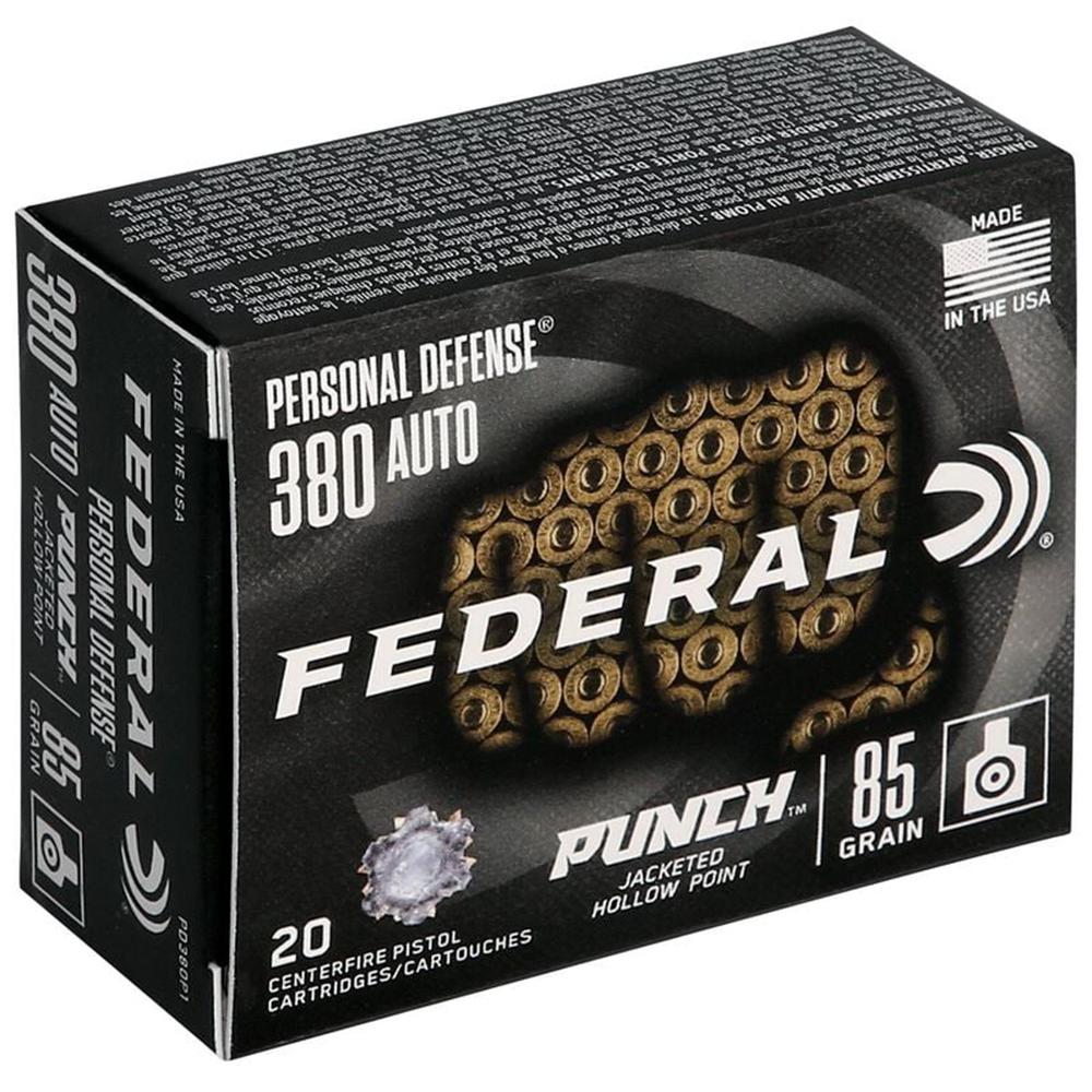 Federal Personal Defense Punch Handgun Ammunition .380 Auto 85 gr JHP 1000 fps 20/ct Picture of Federal Cartridge Co. FEDERAL 380 AUTO 85GR PUNCH JHP AMMO 20RD