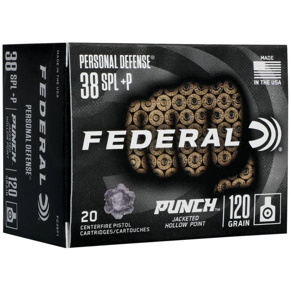 Federal Personal Defense Punch Handgun Ammunition .38 Spl(+P) 120 gr JHP 1000 fps 20/ct Picture of Federal Cartridge Co. FEDERAL 38 SPECIAL 120GR PUNCH JHP AMMO 20RD