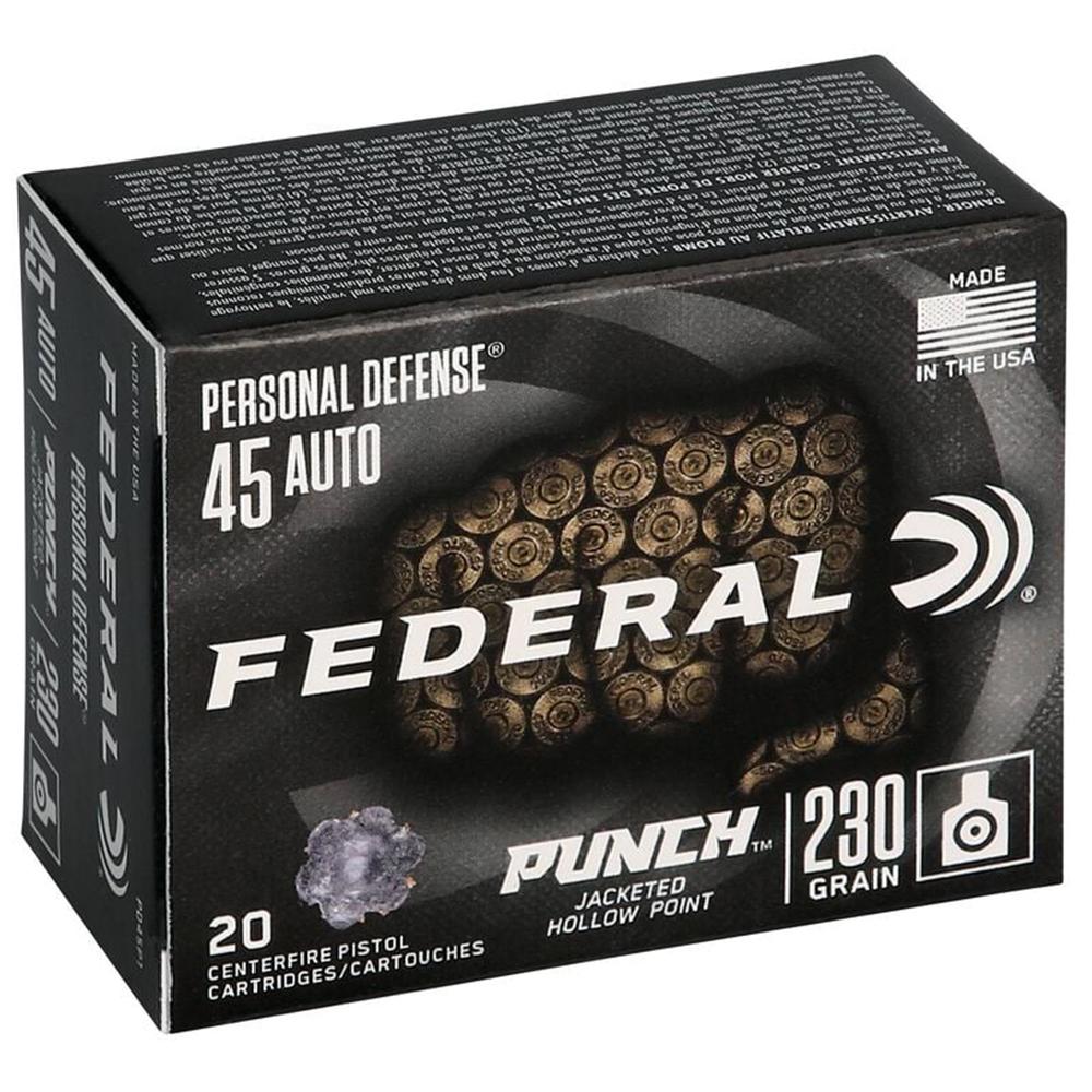 Federal Personal Defense Punch Handgun Ammunition .45 ACP 230 gr JHP 890 fps 20/ct Picture of Federal Cartridge Co. FEDERAL 45 AUTO 230GR PUNCH JHP AMMO 20RD