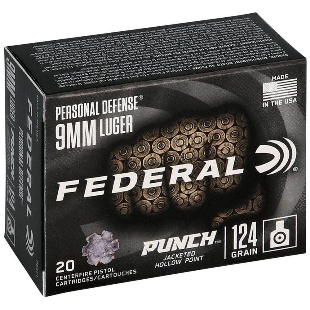 Federal Personal Defense Punch Handgun Ammunition 9mm Luger 124 gr 1150 fps JHP 20/ct Picture of Federal Cartridge Co. FEDERAL 9MM LUGER 124GR PUNCH JHP AMMO 20RD