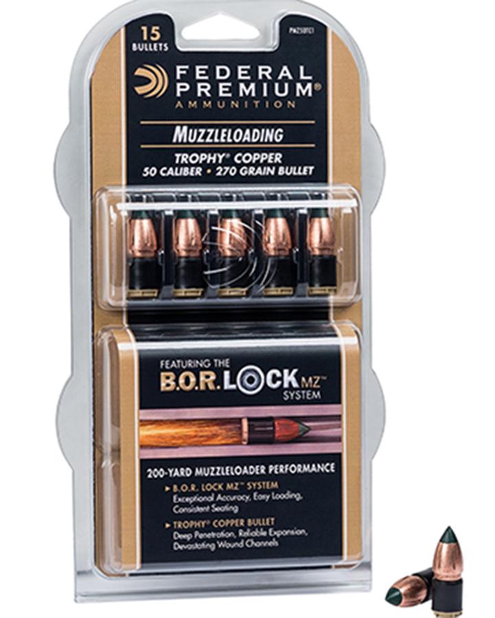 Federal Premium Trophy Copper Muzzleloader Bullets .50 cal 270 gr Poly Tip 15/box Picture of Federal Cartridge Co. FEDERAL MUZZLELOADER 270GR TROPHY COPPER MZ W/B.O.R LOCK SYS BULLET 15RD