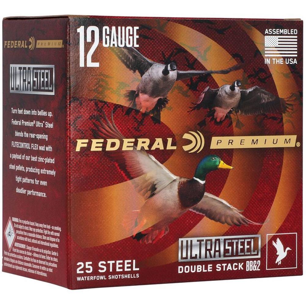 Federal Premium Ultra Steel Shotshells 12ga 3" 1-1/4oz 1450 fps #BB & #2 Shot 10/ct Picture of Federal Cartridge Co. FEDERAL 12GA 3" 1 1/4OZ BB & 2 1450 FPS ULTRA STEEL AMMO 10RD