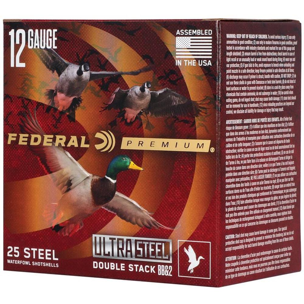 Federal Premium Ultra Steel Shotshells 12ga 3" 1-1/4oz 1450 fps #BB & #2 Shot 10/ct Picture of Federal Cartridge Co. FEDERAL 12GA 3" 1 1/4OZ BB & 2 1450 FPS ULTRA STEEL AMMO 10RD