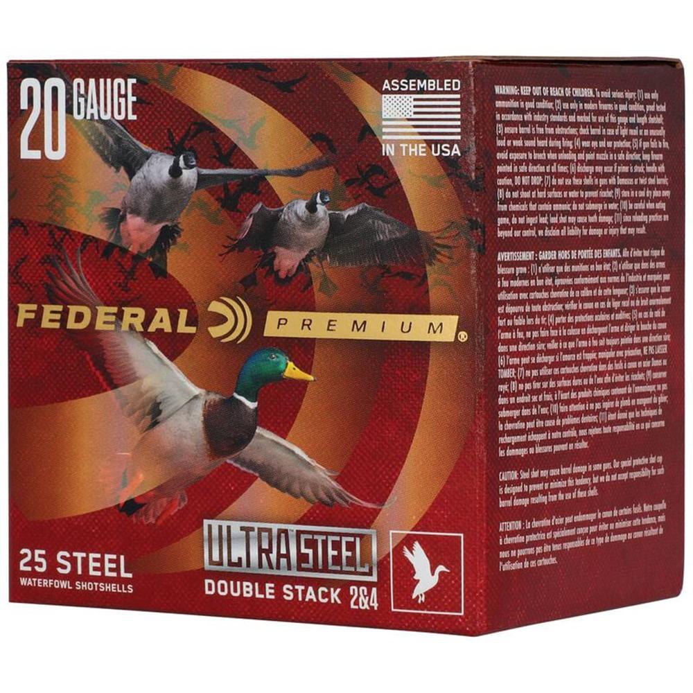 Federal Premium Ultra Steel Shotshells 20ga 3" 1oz 1400 fps #2 & #4 10/ct Picture of Federal Cartridge Co. FEDERAL 20GA 3" 1OZ 1400FPS 2 & 4 ULTRA STEEL AMMO 10RD