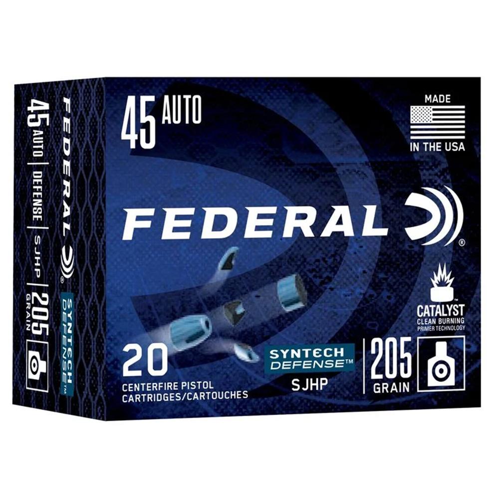 Federal Syntech Defense Handgun Ammunition .45 ACP SJHP 970 fps 20/ct Picture of Federal Cartridge Co. FEDERAL 45 AUTO 205GR SJHP AMMO 20RD