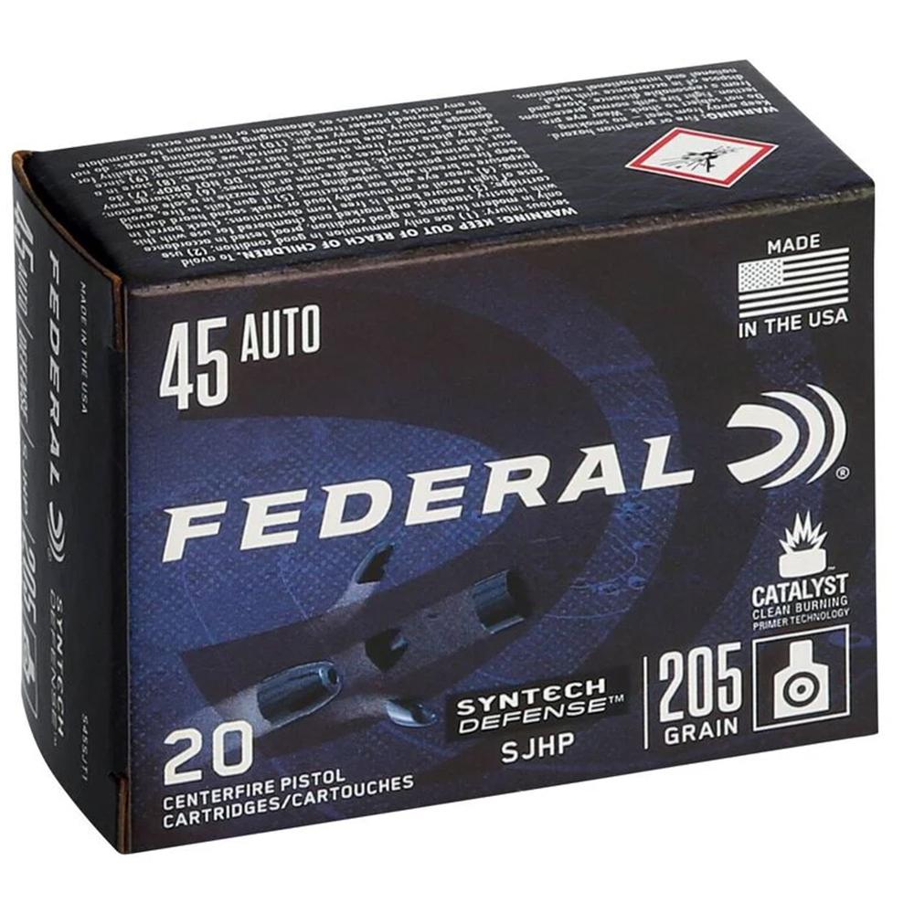 Federal Syntech Defense Handgun Ammunition .45 ACP SJHP 970 fps 20/ct Picture of Federal Cartridge Co. FEDERAL 45 AUTO 205GR SJHP AMMO 20RD