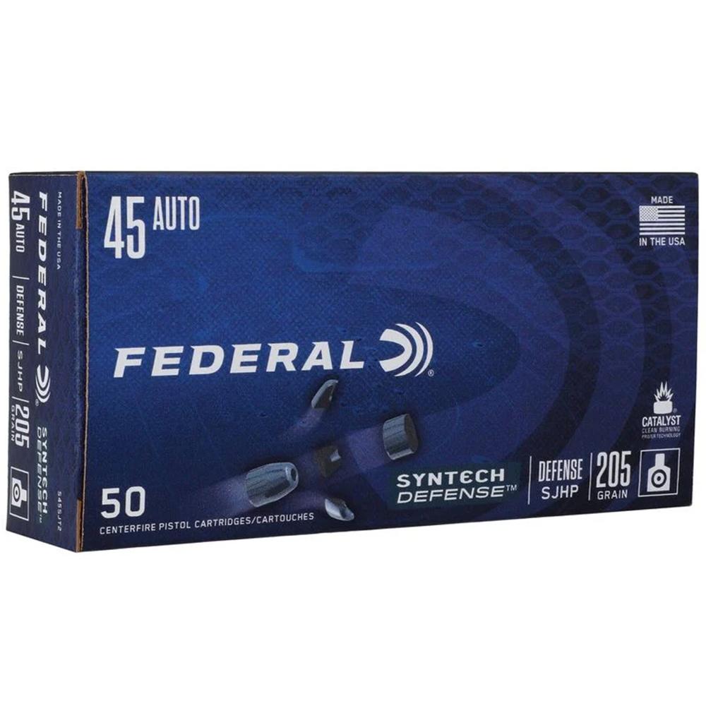 Federal Syntech Defense Handgun Ammunition .45 ACP 205gr SJHP 970 fps 50/ct Picture of Federal Cartridge Co. FEDERAL 45 AUTO 205GR SYNTECH DEFENSE SJHP AMMO 50RD