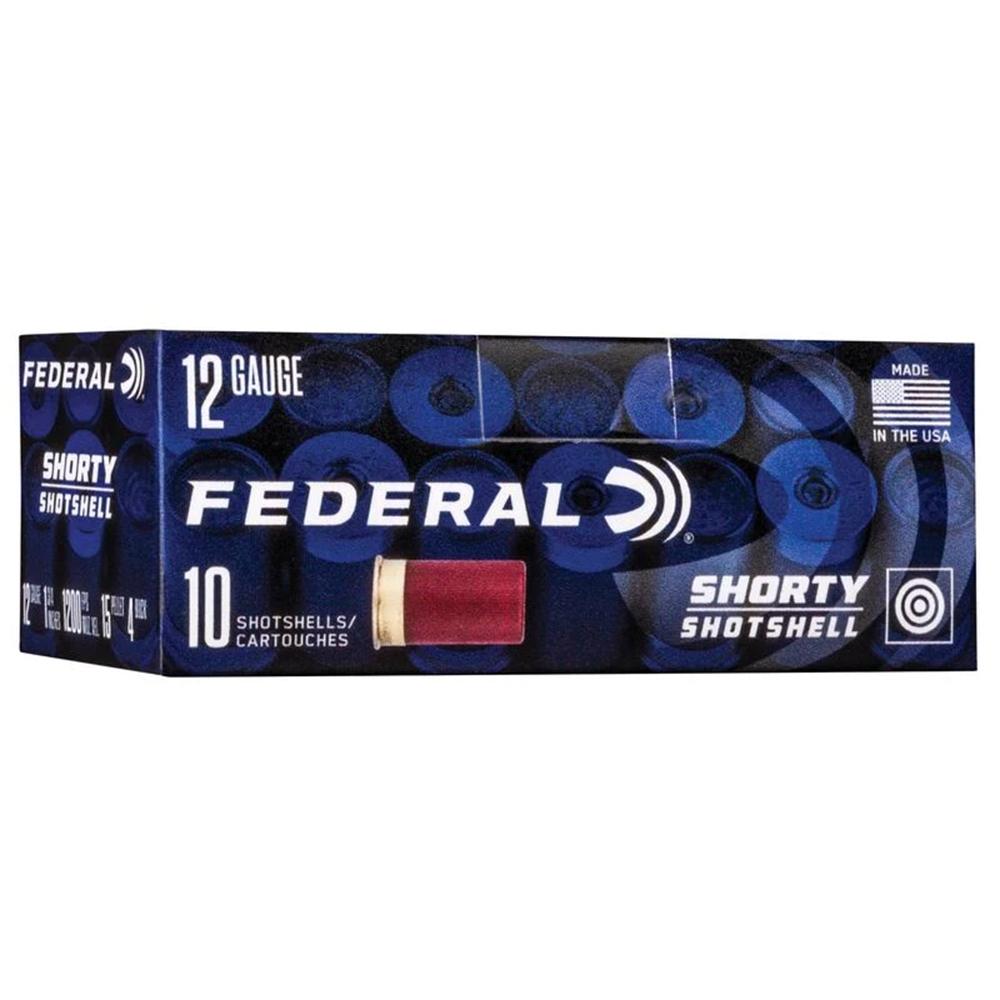 Federal Mini Shotshell 12ga 1-3/4" 4 Buckshot 10/ct Picture of Federal Cartridge Co. FEDERAL 12GA 1 3/4" 4 BUCK SHORTY SHOTSHELL AMMO 10RD