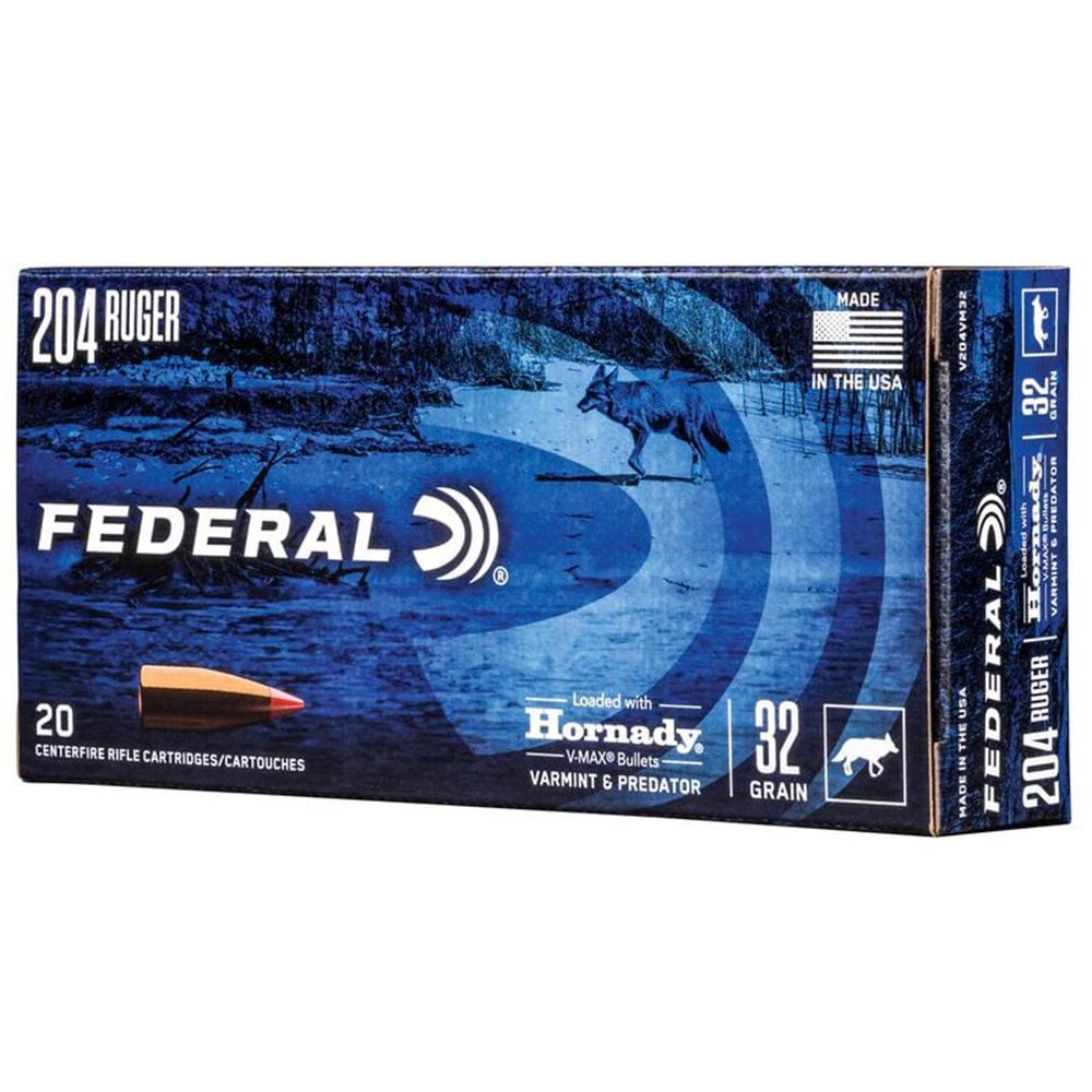Federal Power-Shok Rifle Ammunition .204 Ruger 32gr V-MAX 4100 fps 20/ct Picture of Federal Cartridge Co. FEDERAL 204 RUGER 32GR HORNADY V-MAX AMMO 20RD