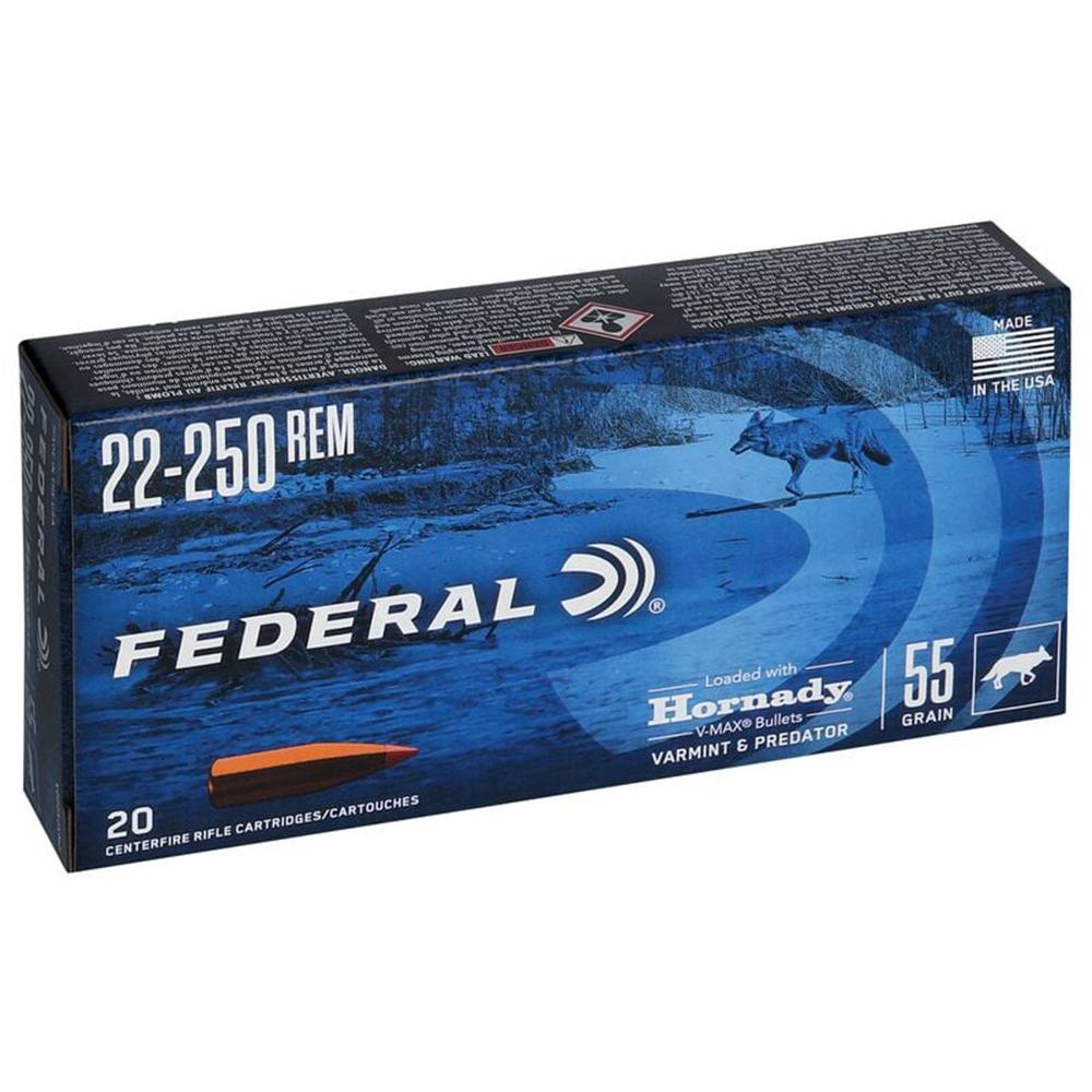 Federal Varmint & Predator Rifle Ammunition .22-250 Rem 55 gr V-MAX 4200 fps 20/ct Picture of Federal Cartridge Co. FEDERAL 22-250 REM 55GR HORNADY V-MAX AMMO 20RD